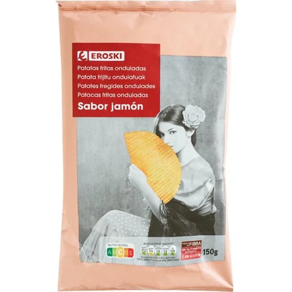 Patatas onduladas sabor jamón EROSKI, bolsa 150g - 0.15 kg - Imagen del producto en Findit