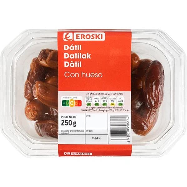Dátil con hueso EROSKI, bandeja 250 g - 0.25 kg - Imagen del producto en Findit