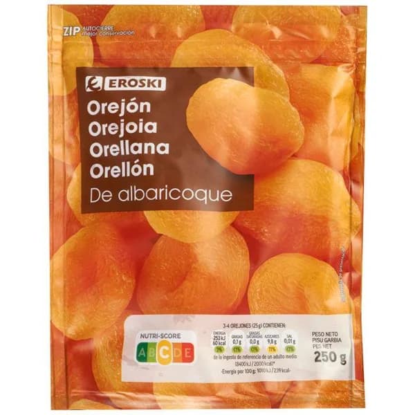 Orejón de albaricoque EROSKI, bolsa 250 g - 0.25 kg - Imagen del producto en Findit