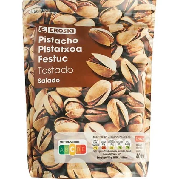 Pistachos tostados-salados EROSKI, bolsa 400 g - 0.4 kg - Imagen del producto en Findit