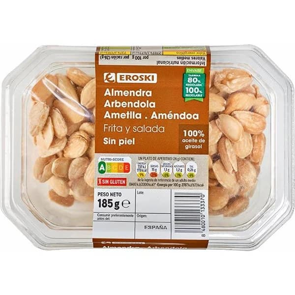 Almendras repeladas fritas EROSKI, tarrina 185 g - 0.18 kg - Imagen del producto en Findit