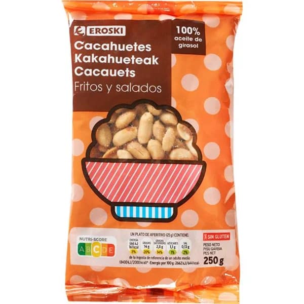 Cacahuete repelado frito EROSKI, bolsa 250 g - 0.25 kg - Imagen del producto en Findit