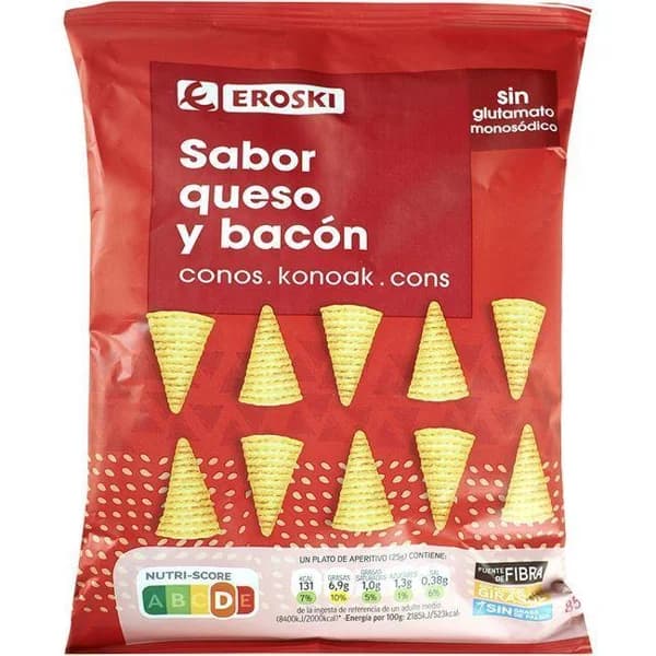 Conos de maíz queso-bacón EROSKI, bolsa 85 g - 0.09 kg - Imagen del producto en Findit