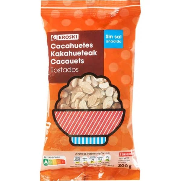Cacahuete tostado sin sal EROSKI, bolsa 200 g - 0.2 kg - Imagen del producto en Findit