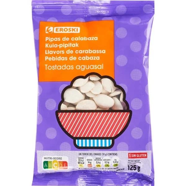 Pipa de calabaza aguasal EROSKI, bolsa 125 g - 0.13 kg - Imagen del producto en Findit