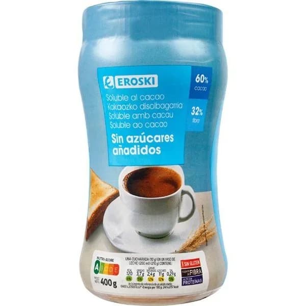 Soluble de cacao sin azúcares añadidos EROSKI, bote 400 g - 0.4 kg - Imagen del producto en Findit