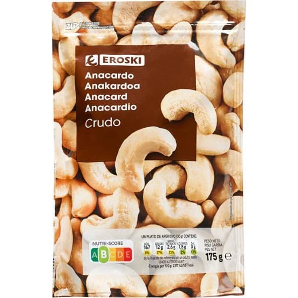 Anacardo crudo EROSKI, bolsa 175 g - 0.18 kg - Imagen del producto en Findit