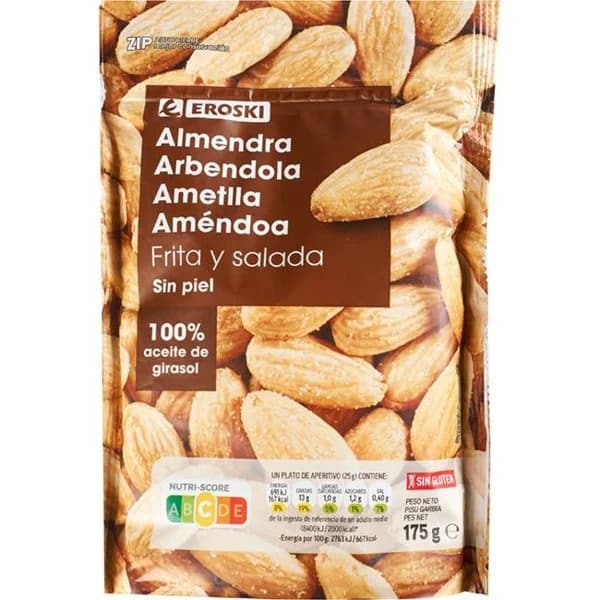 Almendras repeladas fritas EROSKI, bolsa 175 g - 0.18 kg - Imagen del producto en Findit