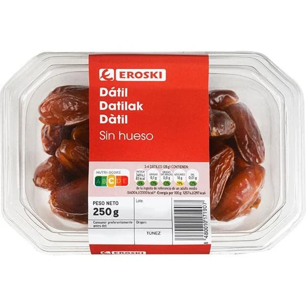 Dátil sin hueso EROSKI, tarrina 250 g - 0.25 kg - Imagen del producto en Findit