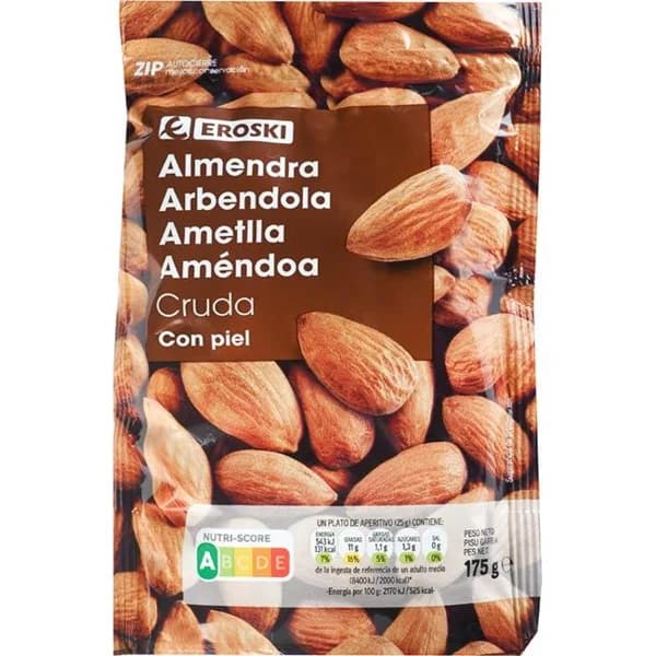 Almendra con piel cruda EROSKI, bolsa 175 g - 0.18 kg - Imagen del producto en Findit