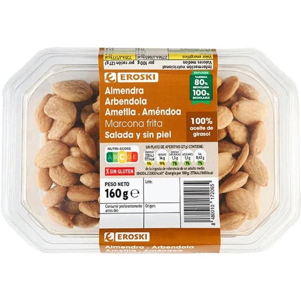 Almendras marconas repeladas fritas EROSKI, tarrina 160 g - 0.16 kg - Imagen del producto en Findit