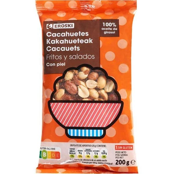 Cacahuete frito con piel EROSKI, bolsa 200 g - 0.2 kg - Imagen del producto en Findit