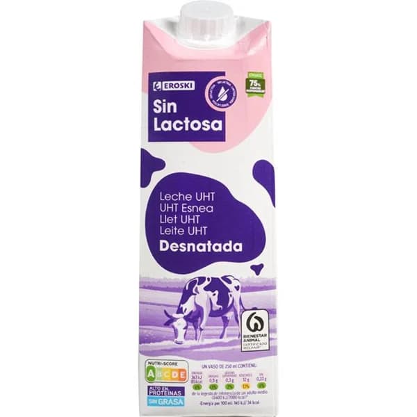 Leche sin lactosa desnatada EROSKI, brik 1 litro - 1 l - Imagen del producto en Findit