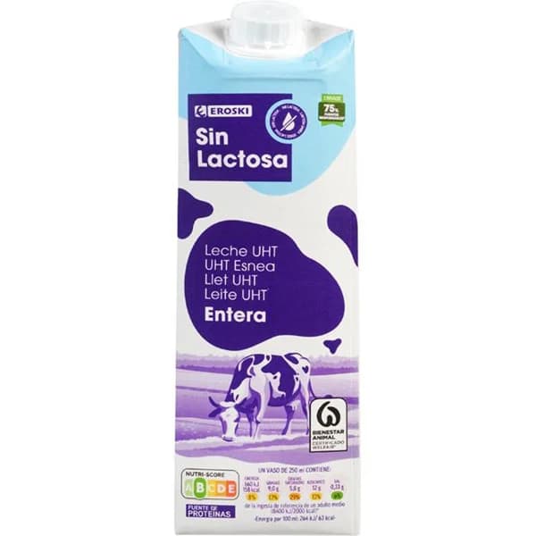 Leche entera sin lactosa EROSKI, brik 1 litro - 1 l - Imagen del producto en Findit