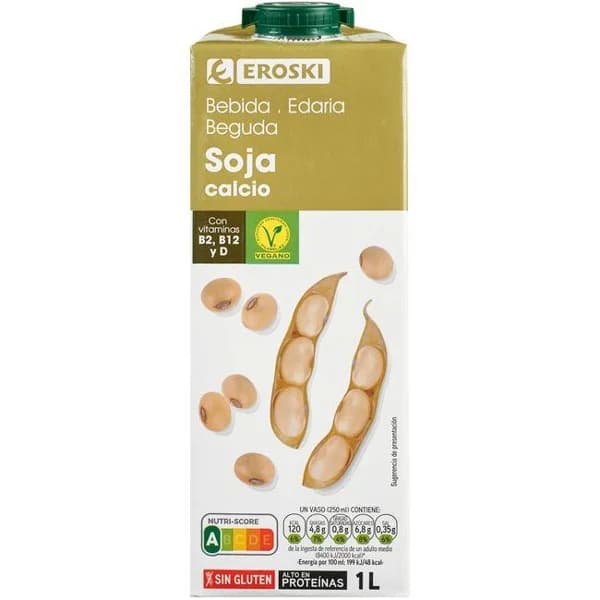 Bebida de soja con calcio EROSKI, brik 1 litro - 1 l - Imagen del producto en Findit