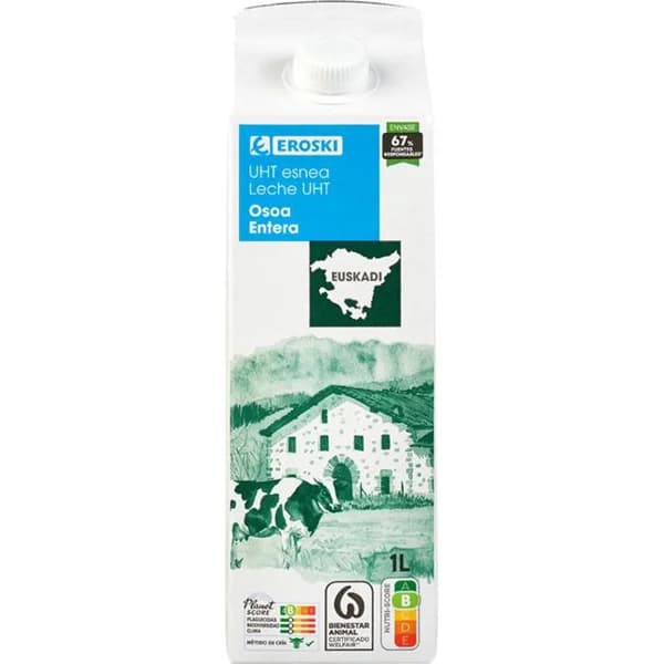 Leche entera del País Vasco EROSKI, brik 1 litro - 1 l - Imagen del producto en Findit