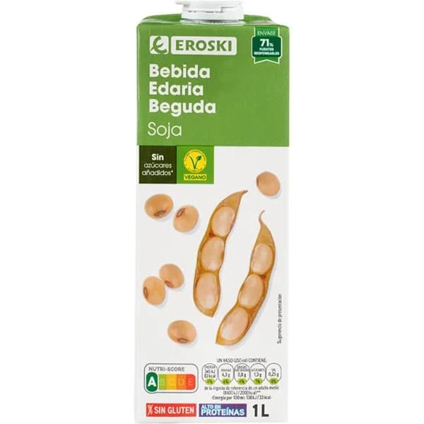 Bebida de soja EROSKI, brik 1 litro - 1 l - Imagen del producto en Findit