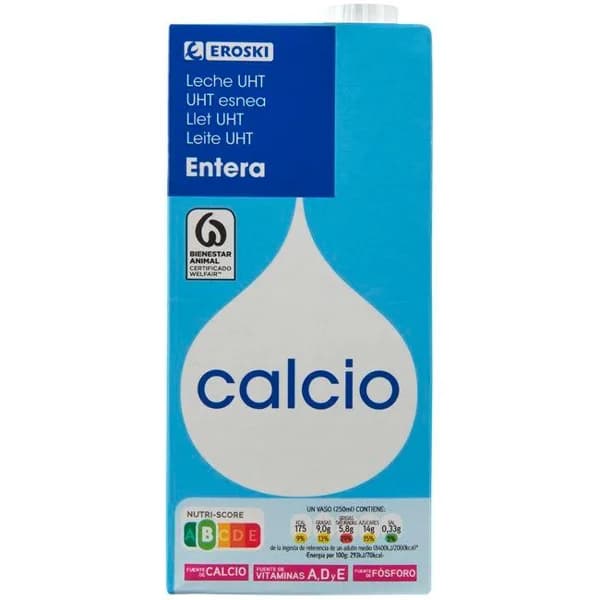 Leche entera calcio EROSKI, brik 1 litro - 1 l - Imagen del producto en Findit