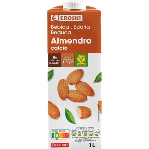 Bebida de almendra con calcio EROSKI, brik 1 litro - 1 l - Imagen del producto en Findit