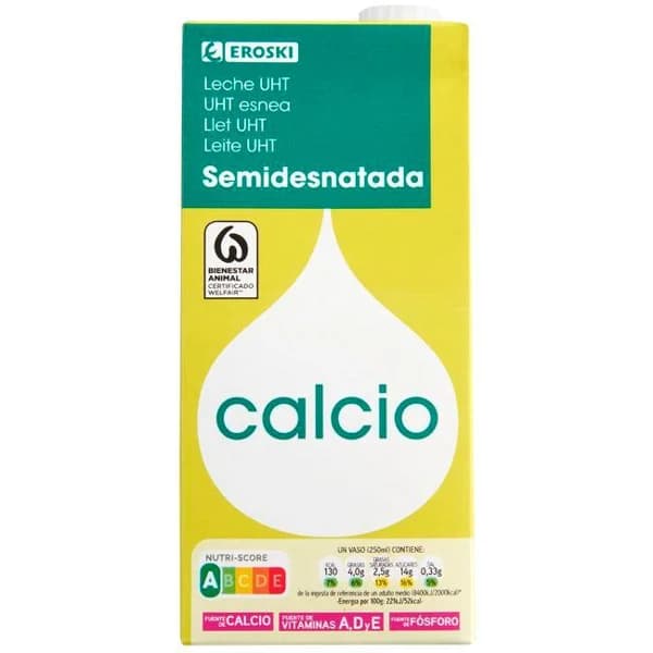 Leche semidesnatada calcio EROSKI, brik 1 litro - 1 l - Imagen del producto en Findit