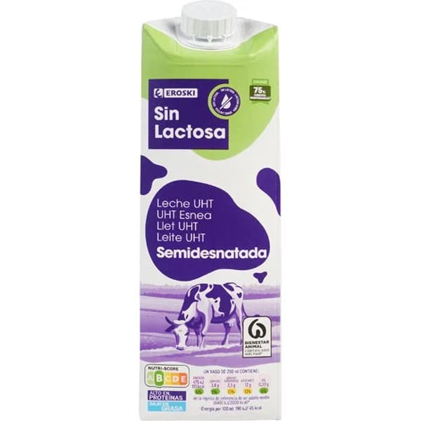 Leche semidesnatada sin lactosa EROSKI, brik 1 litro - 1 l - Imagen del producto en Findit