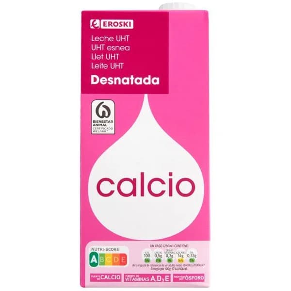 Leche desnatada calcio EROSKI, brik 1 litro - 1 l - Imagen del producto en Findit