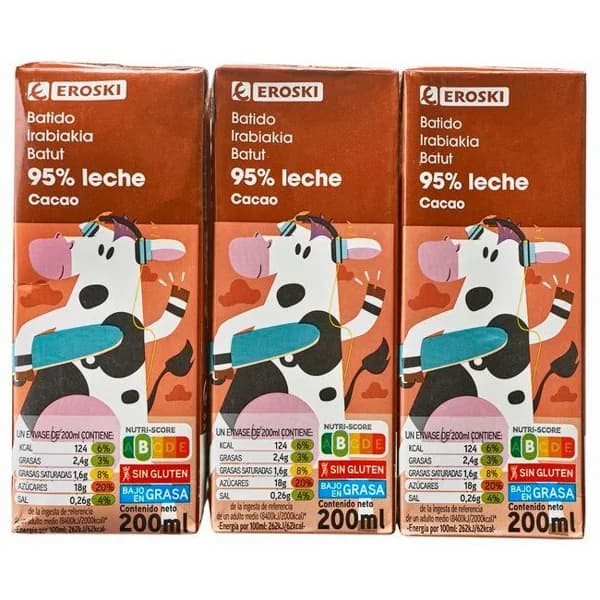 Batido sabor chocolate 95% leche EROSKI, pack 6x200 ml - 1.2 l - Imagen del producto en Findit