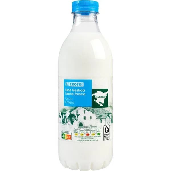 Leche fresca entera País Vasco EROSKI, botella 1 litro - 1 l - Imagen del producto en Findit