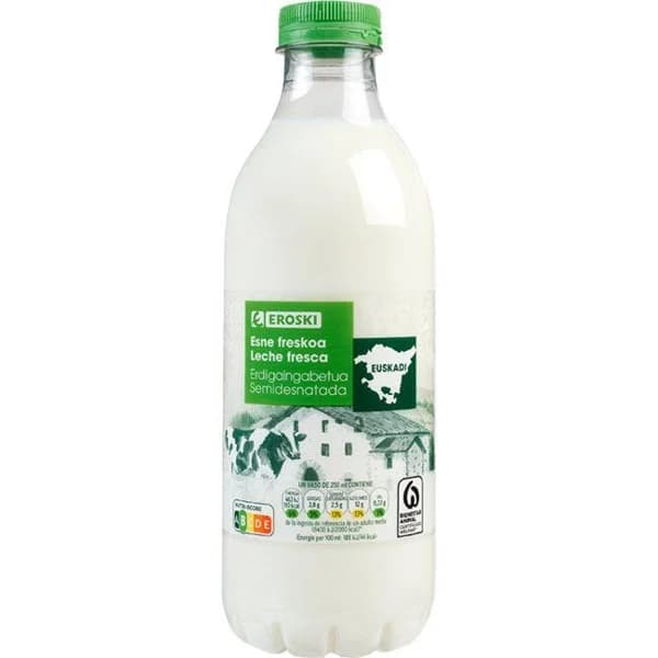 Leche fresca semidesnatada País Vasco EROSKI, botella 1 litro - 1 l - Imagen del producto en Findit