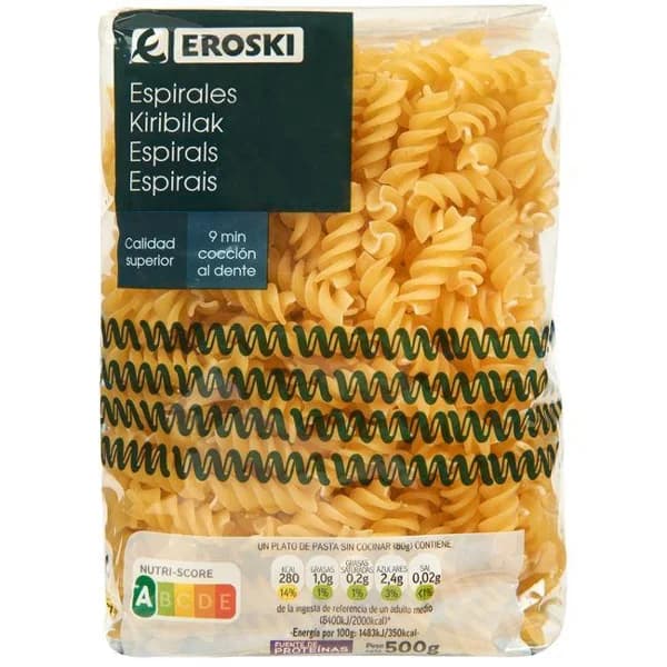 Pasta de espirales EROSKI, paquete 500 g - 0.5 kg - Imagen del producto en Findit