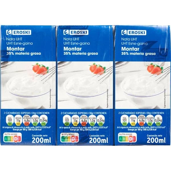 Nata para montar EROSKI, pack 3x200 ml - 0.6 l - Imagen del producto en Findit