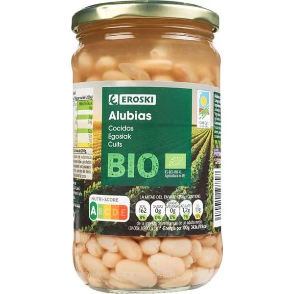 Alubia blanca cocida EROSKI BIO, frasco 400 g - 0.4 kg - Imagen del producto en Findit