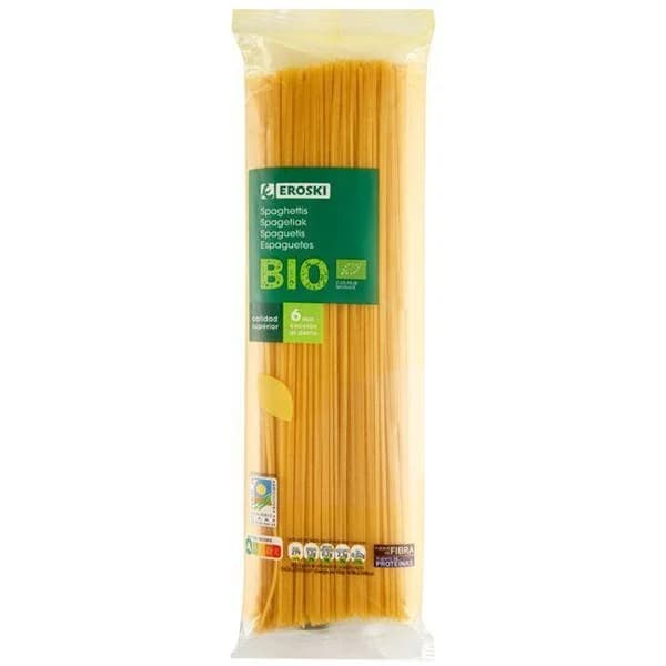 Spaghetti bio EROSKI, paquete 500 g - 0.5 kg - Imagen del producto en Findit