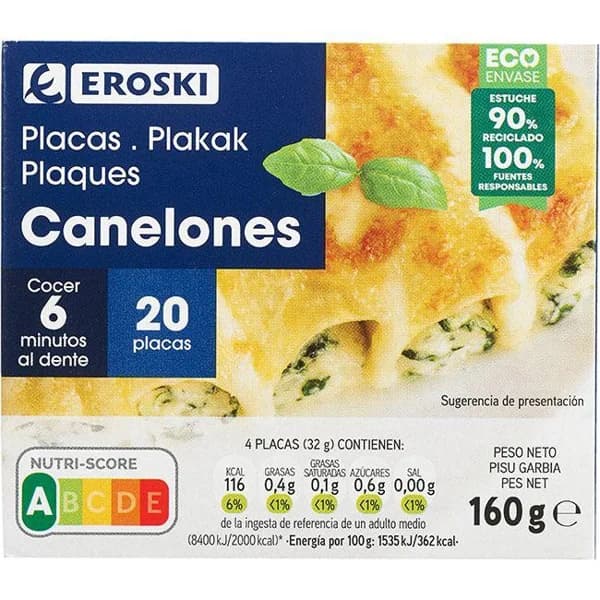 Placas para canelones EROSKI, caja 160 g - 0.16 kg - Imagen del producto en Findit