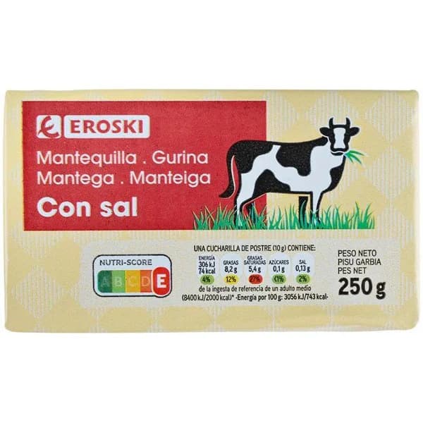 Mantequilla con sal  EROSKI, patilla 250 g - 0.25 kg - Imagen del producto en Findit