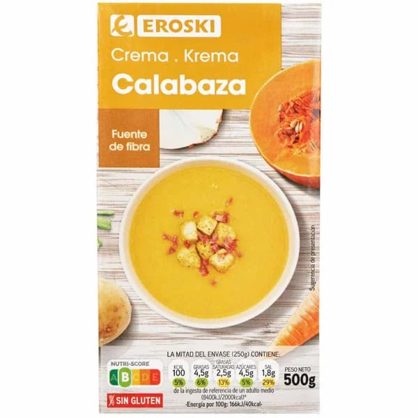 Crema de calabaza EROSKI, brik 500 g - 0.5 kg - Imagen del producto en Findit