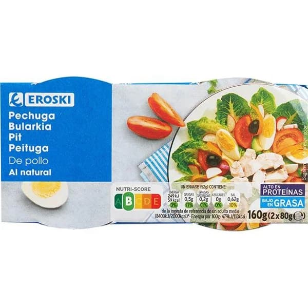 Pechuga de pollo al natural EROSKI, pack 2x52 g - 0.1 kg - Imagen del producto en Findit