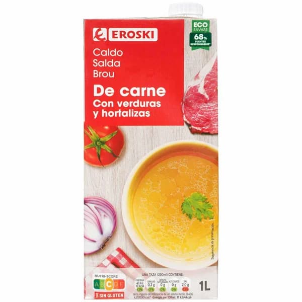 Caldo de carne EROSKI, brik 1 litro - 1 l - Imagen del producto en Findit
