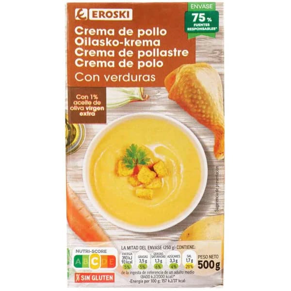 Crema de pollo con verduras EROSKI, brik 500 g - 1 ud - Imagen del producto en Findit