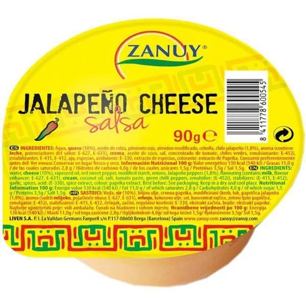Salsa jalapeño cheddar ZANUY, tarrina 90 g - 0.09 kg - Imagen del producto en Findit