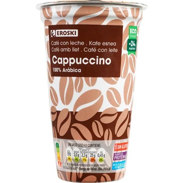Café cappuccino EROSKI, vaso 250 ml - 0.25 l - Imagen del producto en Findit