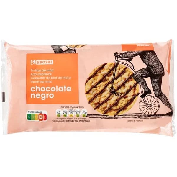 Tortitas de maíz con chocolate negro EROSKI, paquete 90,4 g - 0.09 kg - Imagen del producto en Findit