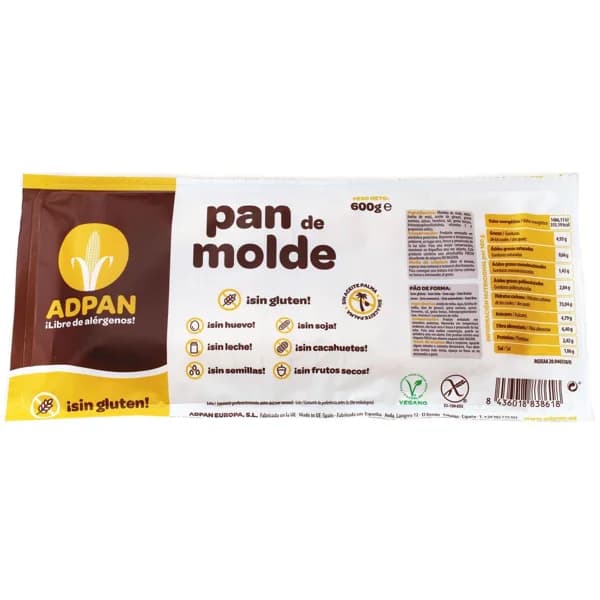 Pan de molde sin gluten ADPAN, paquete 600 g - 0.6 kg - Imagen del producto en Findit