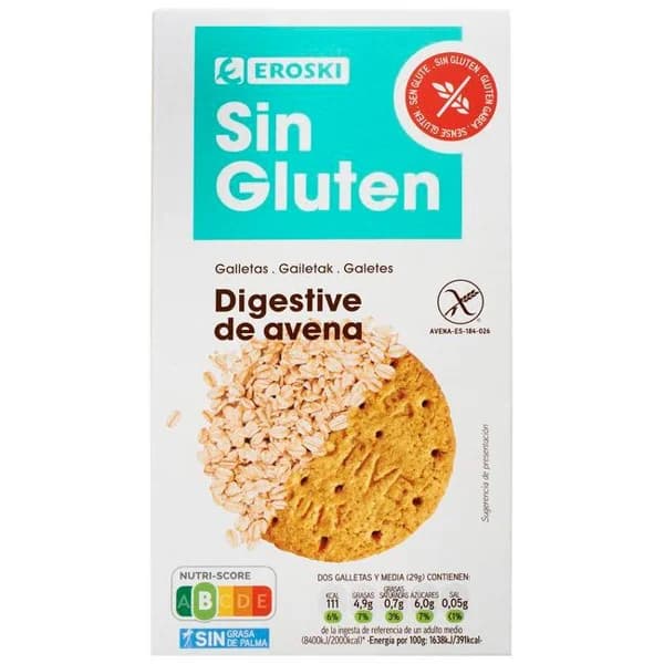 Galleta Digestive de avena sin gluten EROSKI, caja 160 g - 0.16 kg - Imagen del producto en Findit