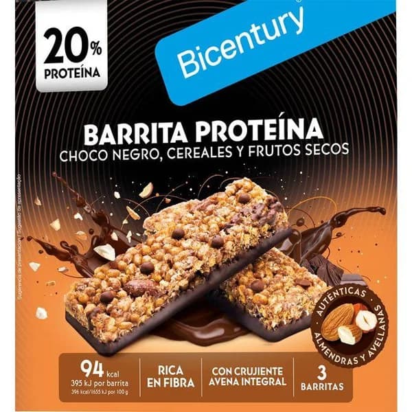 Barrita proteína choco.negro,cereales,almendras BICENTURY, 90g - 0.09 kg - Imagen del producto en Findit