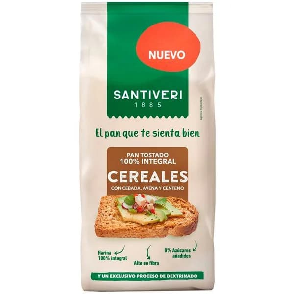 Pan tostado 100% integral con cereales SANTIVERI, paquete 200 g - 1 ud - Imagen del producto en Findit