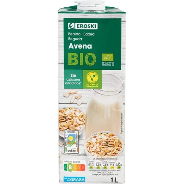 Bebida de avena EROSKI BIO, brik 1 litro - 1 l - Imagen del producto en Findit