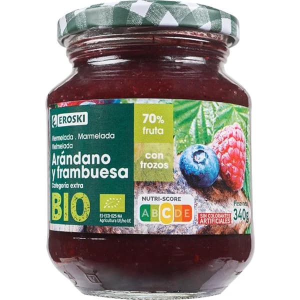 Mermelada bio de arándanos-frambuesa EROSKI BIO, frasco 340 g - 0.34 kg - Imagen del producto en Findit