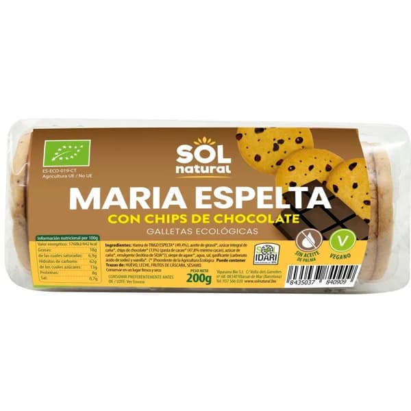 Galleta María-espelta chips choco bio SOLNATURAL, paquete 200 g - 0.2 kg - Imagen del producto en Findit