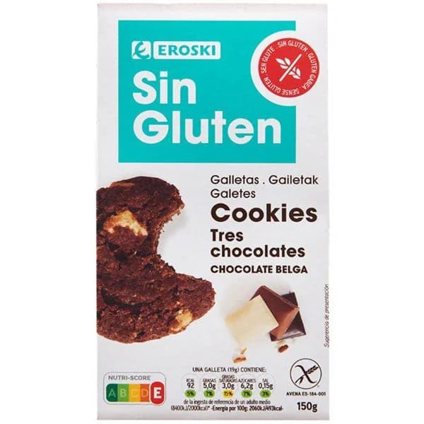 Cookies triple de choco sin gluten EROSKI, paquete 150 g - 0.15 kg - Imagen del producto en Findit